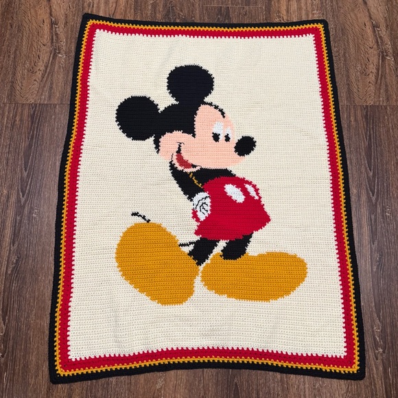 Cute Mickey Mouse Disney Throw Blanket 90s Handmade Crocheted 47”x38”